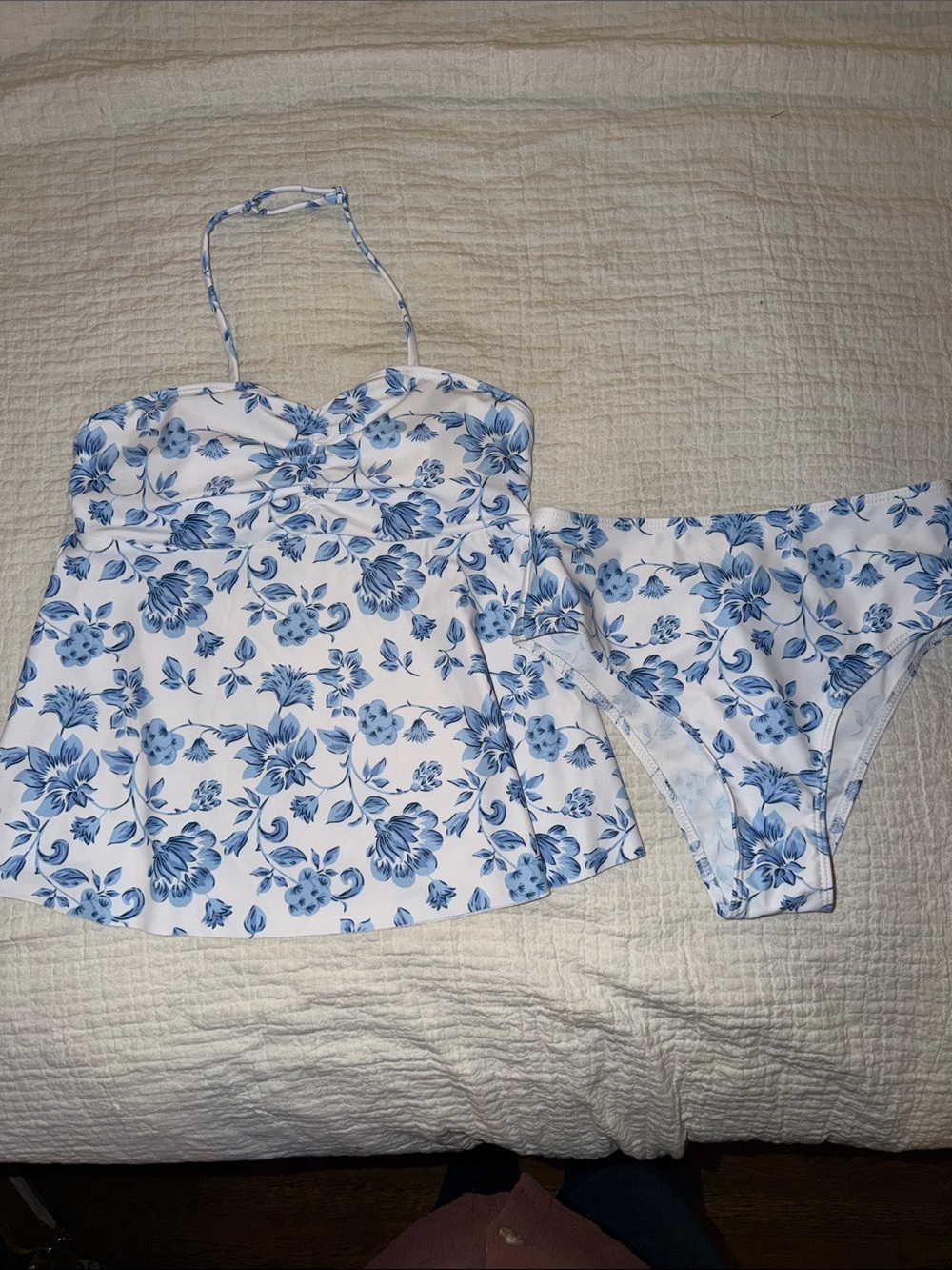 Blue Floral Satin Cami and Brief Set - White & Blue